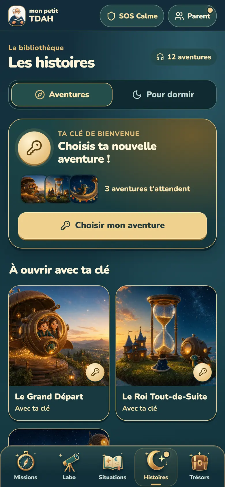 Onglet Histoires : 12 aventures à ouvrir avec une clé, et l’onglet Pour dormir