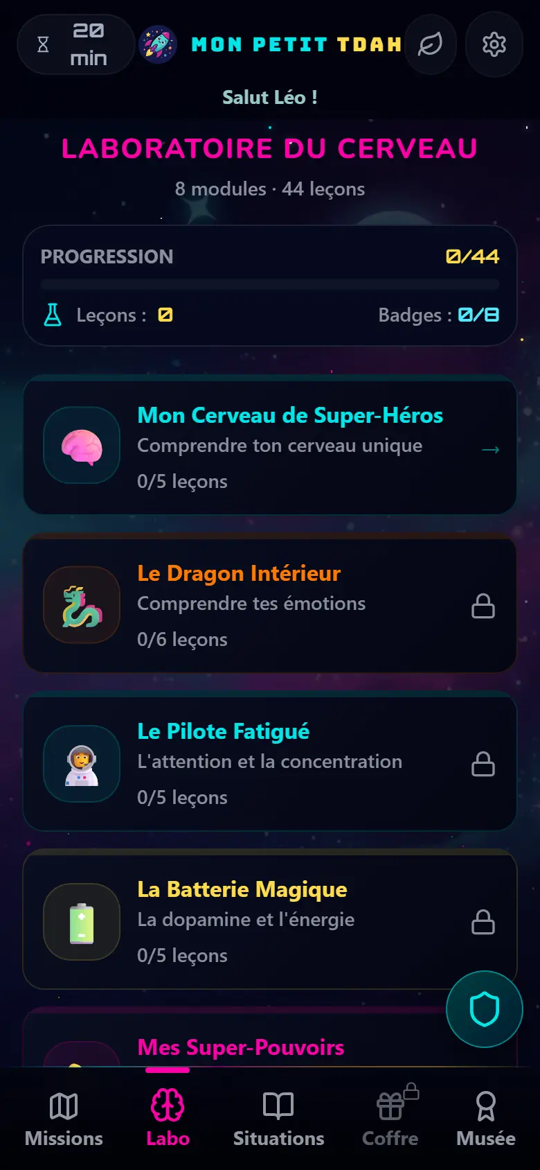 Aperçu de l’écran Laboratoire du cerveau dans Mon Petit TDAH