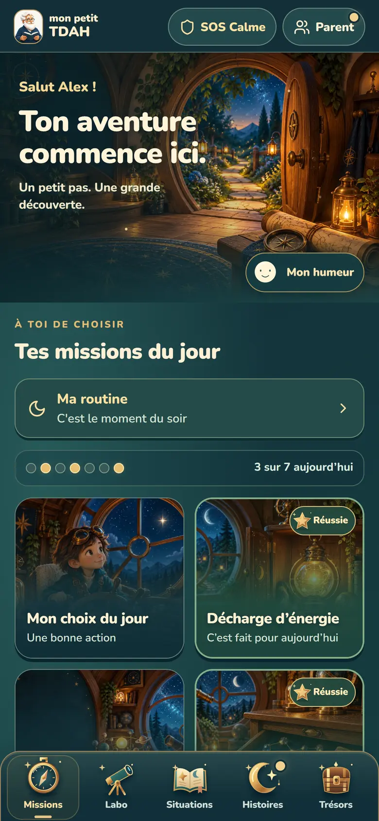 Aperçu de l’accueil et des missions du jour dans Mon Petit TDAH