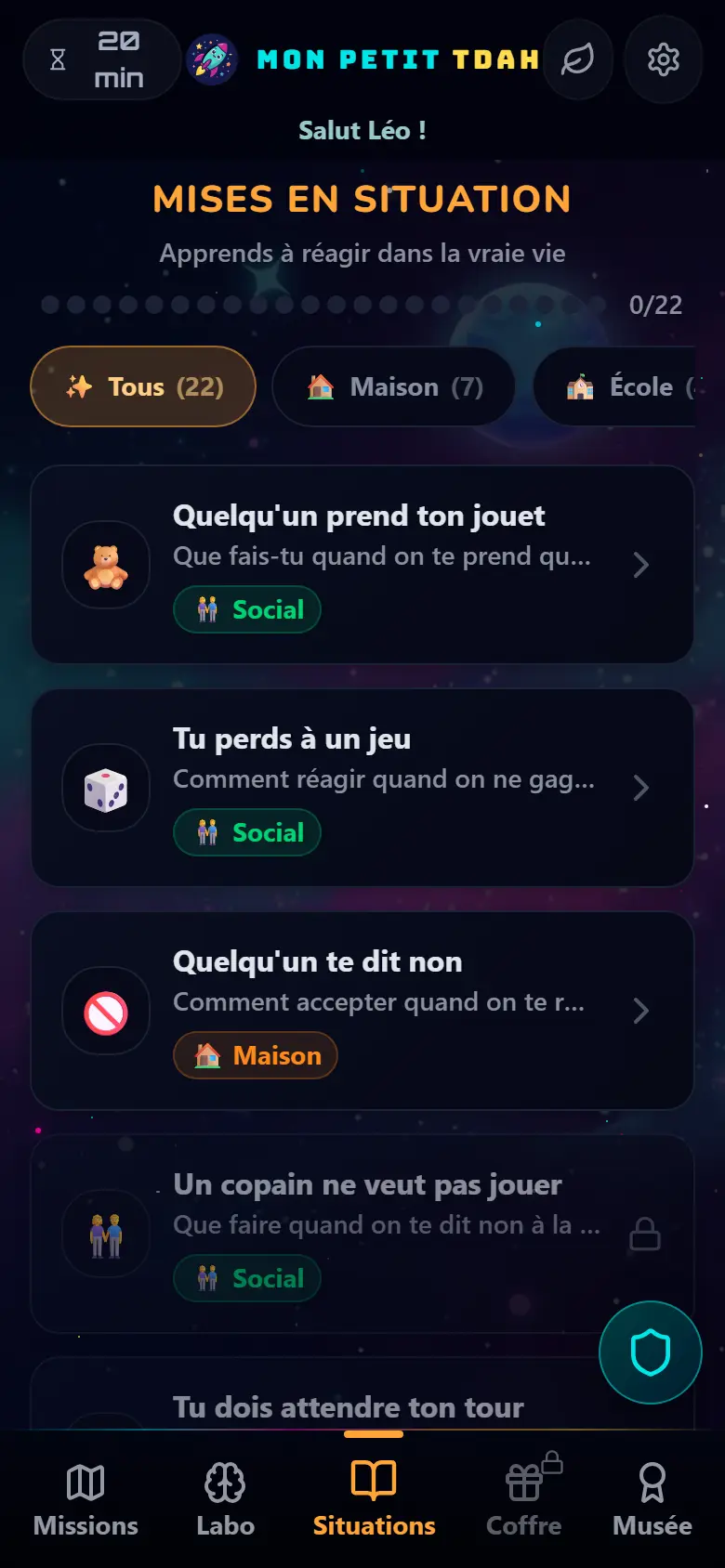 Aperçu de l’écran Mises en situation dans Mon Petit TDAH