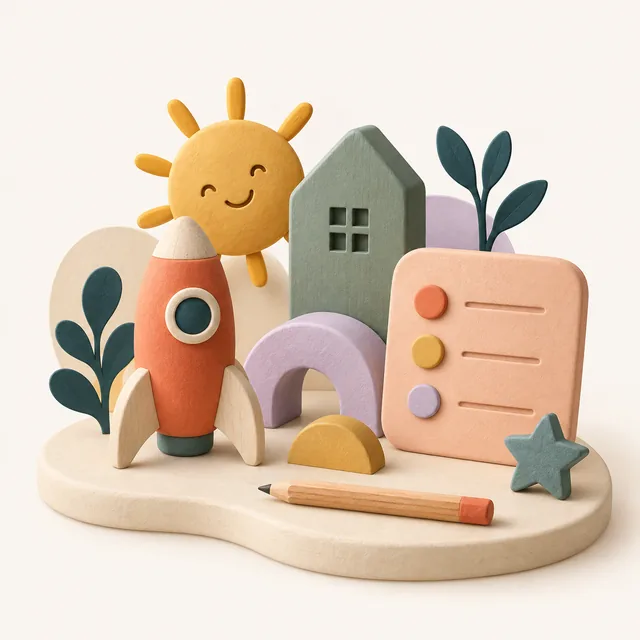 Une maison, une fusée, un soleil et un tableau de routine en formes colorées