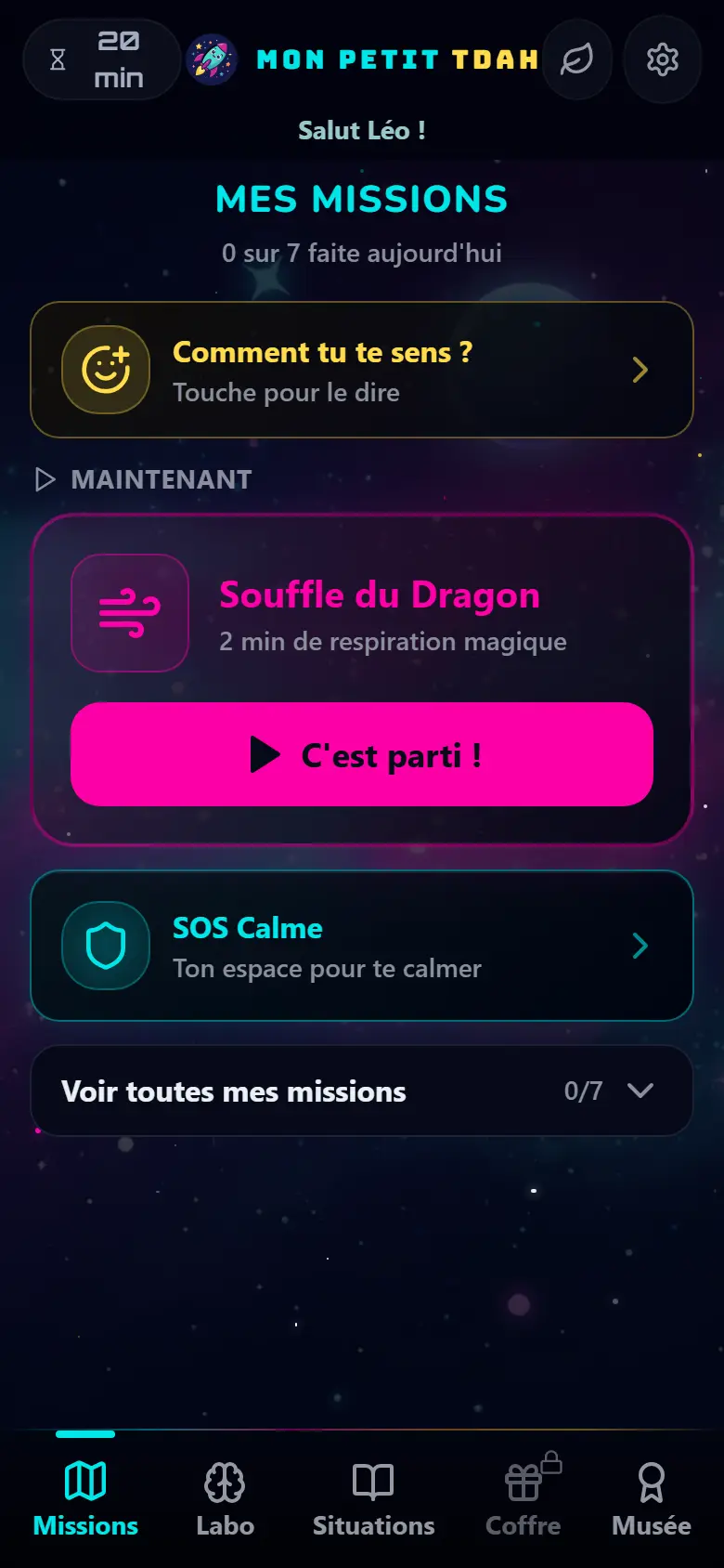 Écran Missions de l’application Mon Petit TDAH